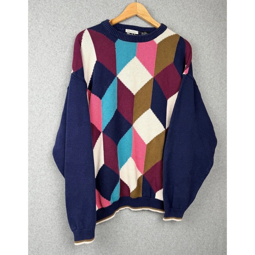 Stanley Blacker XL Geometric Knit Sweater Cotton Hong Kong 100% Cotton